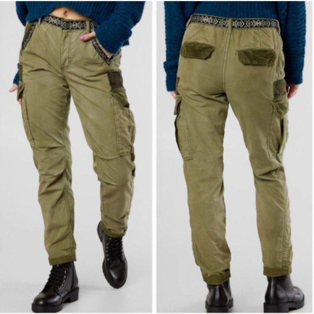 Free People Cargo Pants Camo Green Sz 10 Wild Nothing Embroidered EUC Button Fly